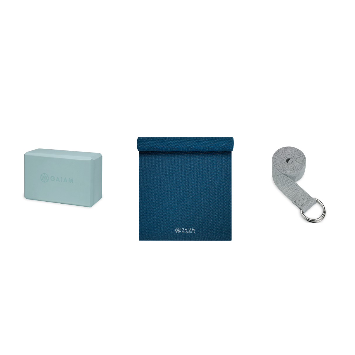 Yoga Bundle - Block (Morning Dew), Mat (Navy), Strap (Grey)